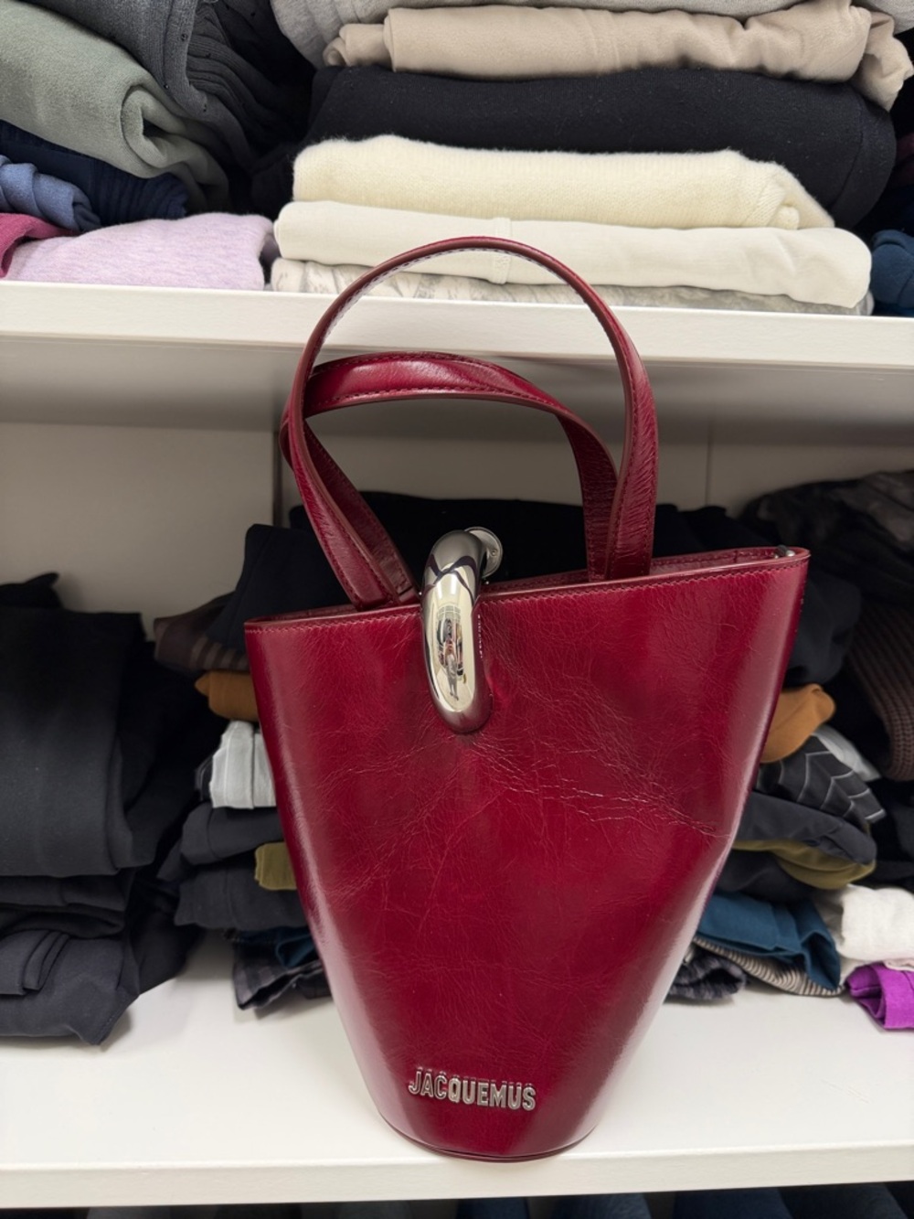 Jacquemus Burgundy Leather Mini Bucket Bag with Silver Hardware